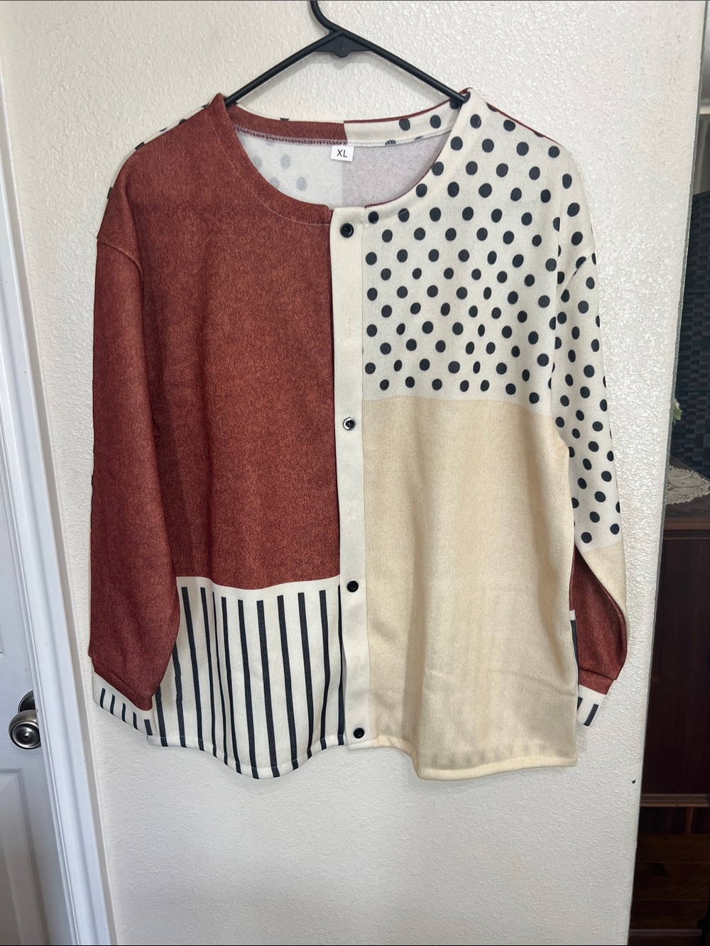 Colorblock Polka Dot & Stripe Button-Front  - Rust/Cream